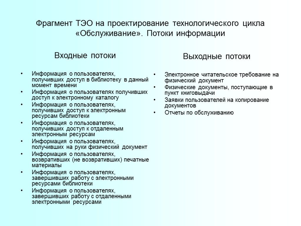 Фрагмент ТЭО на проектирование технологического цикла «Обслуживание». Потоки информации Входные потоки Информация о пользователях,